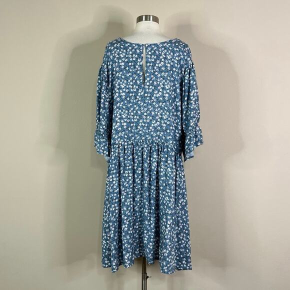 Torrid | Floral Powder Blue White Button V Neck Bell Puff Sleeve Mini Dress 16 - Picture 7 of 11